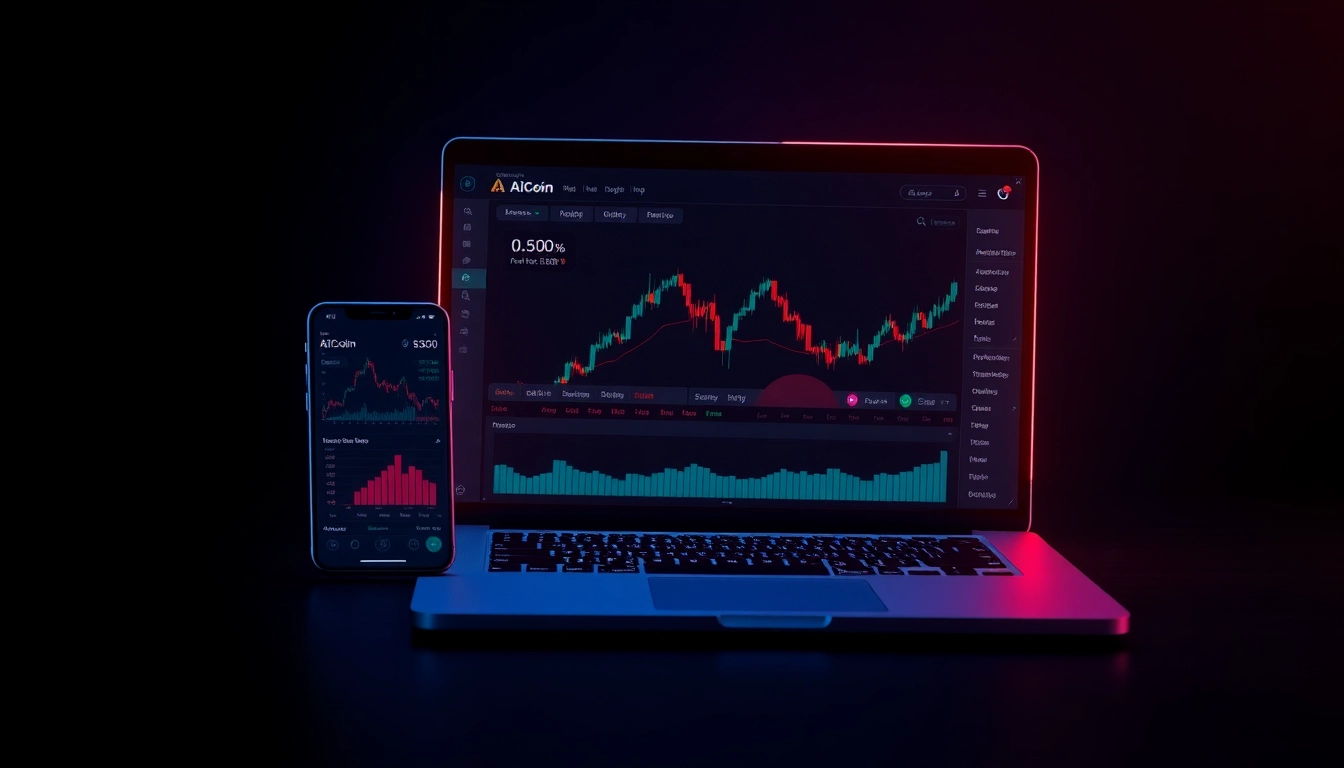 AICoin下载：展示整合实时行情、图表和安全保障的交易平台界面，强调多设备兼容性与高技术感，便于用户操作与投资决策。