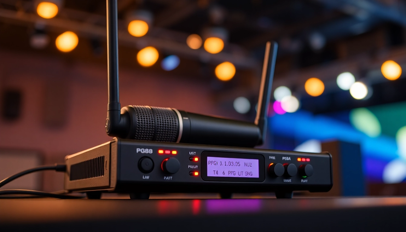 Professional PG88 wireless microphone receiver with LED indicators on stage setup, highlighting audio technology and reliability.