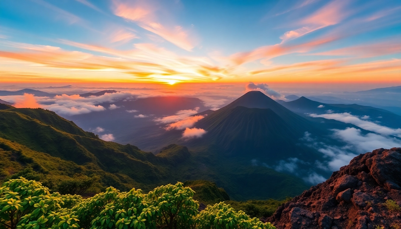 Climber viewing Mount Rinjani's volcanic crater at sunrise, showcasing a breathtaking landscape of Indonesia’s second highest volcano.