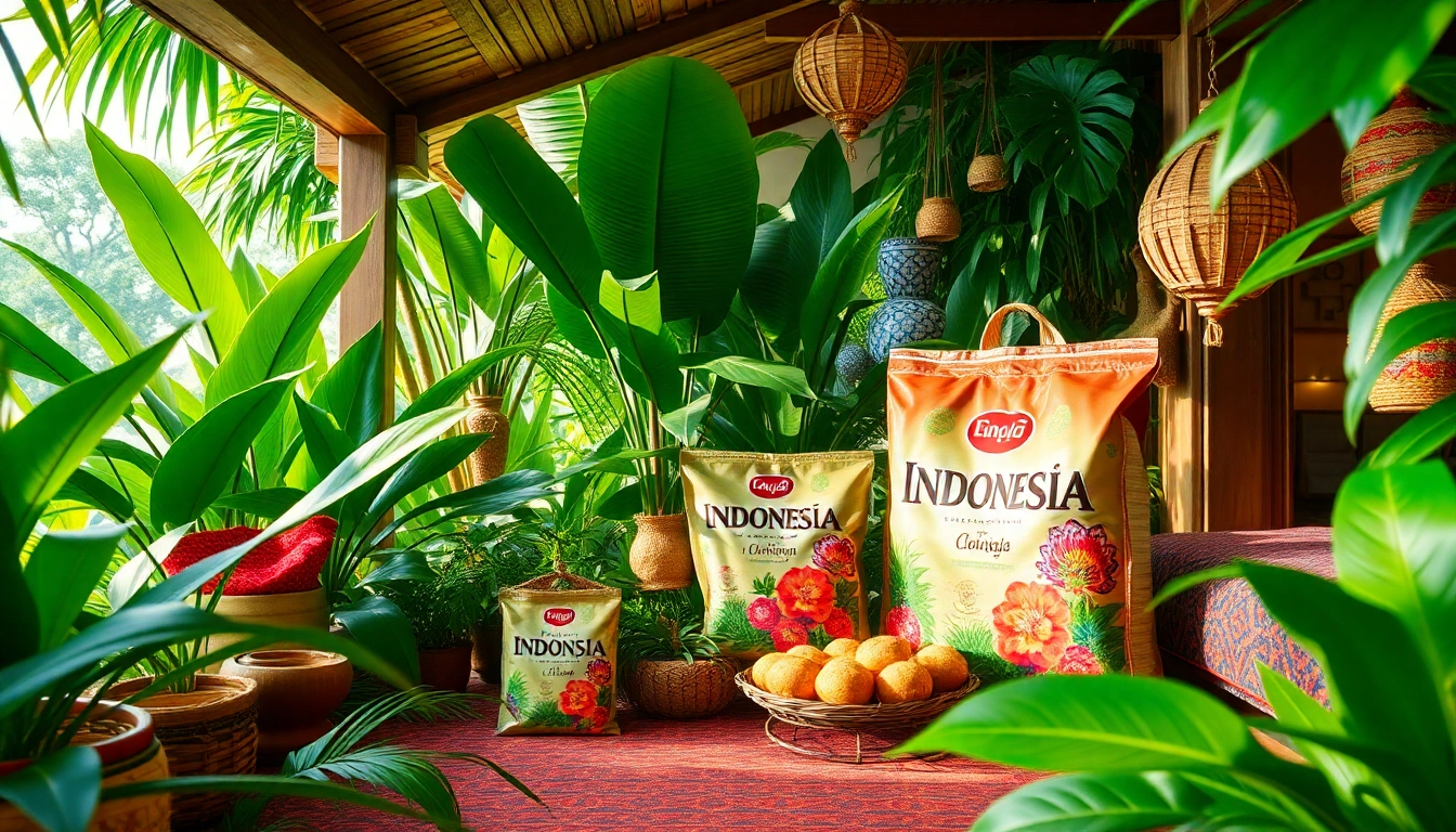 Colorful package of Indonesian souvenirs, showcasing local crafts and vibrant packaging in a tropical setting.