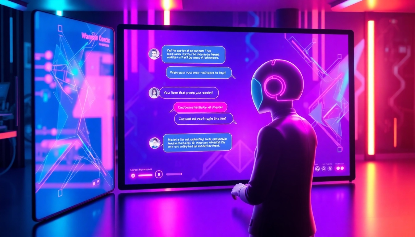 An advanced AI chatbot interface with colorful neon accents and holographic elements showing a user interacting with a customizable AI character.