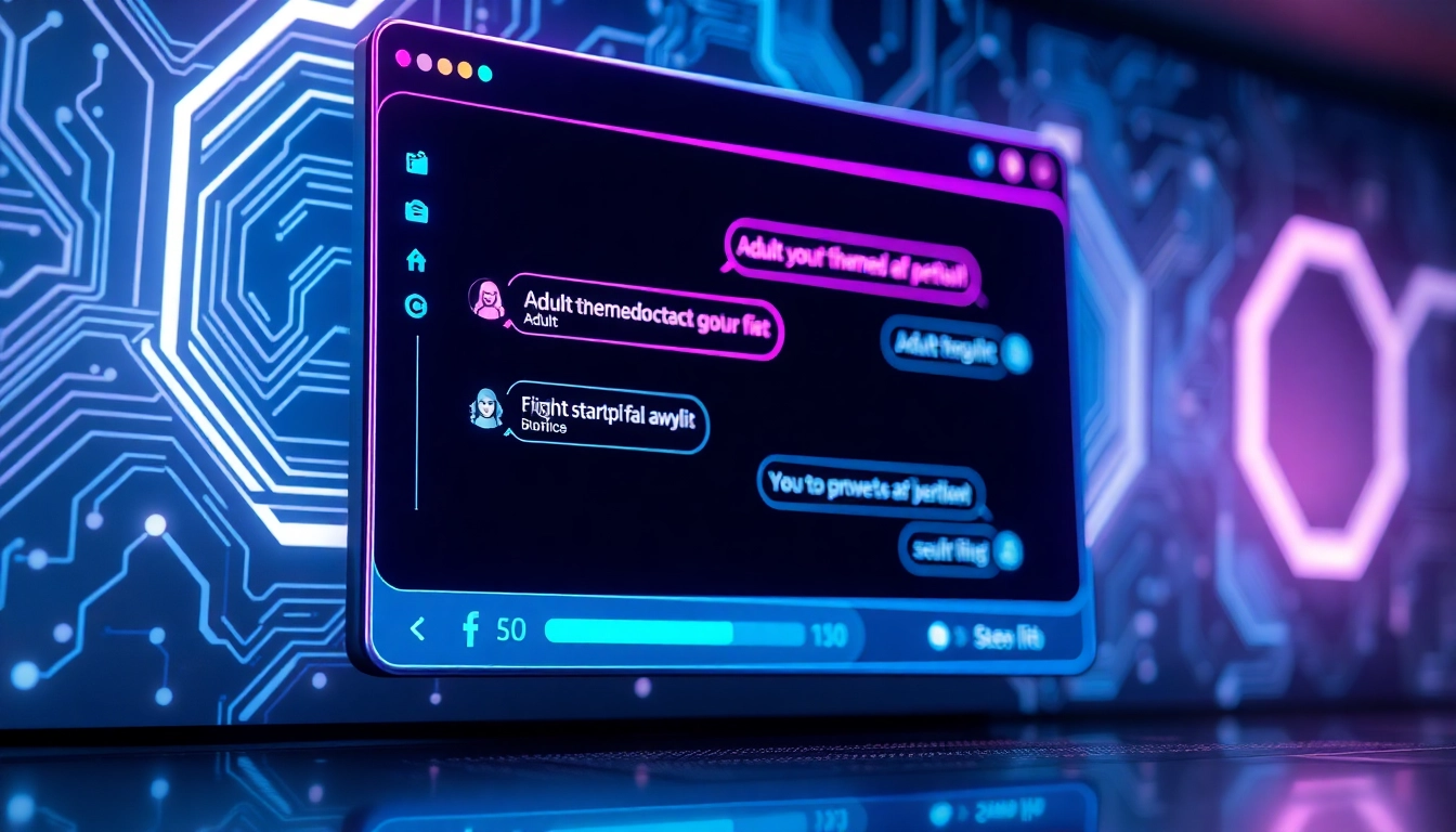 Futuristic AI chatbot interface with neon accents and adult-themed conversation bubbles on a digital screen.