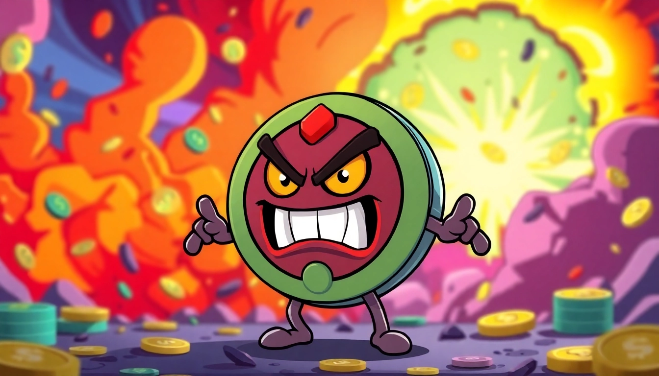 Bold Angry Pepe Coin mascot in vibrant scene with digital currency symbols and explosive energy